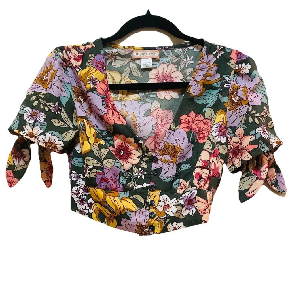 B.O.G. COLLECTIVE Floral Puff Sleeves Tied Crop Top Sz XS